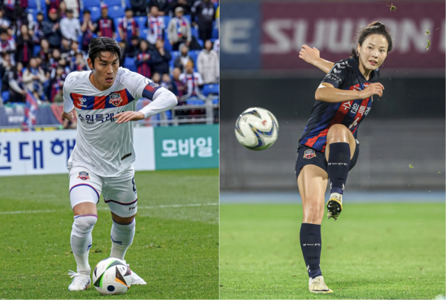 2025시즌 수원FC를 이끌 주장으로 선임된 이용(왼쪽)과 위민팀 주장 최소미. 수원FC 제공