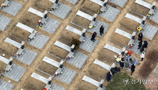 설 연휴를 앞둔 19일 인천 부평구 인천가족공원을 찾은 성묘객들이 성묘를 하고 있다.조병석기자