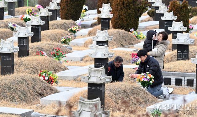 설 연휴를 앞둔 19일 인천 부평구 인천가족공원을 찾은 성묘객들이 성묘를 하고 있다.조병석기자