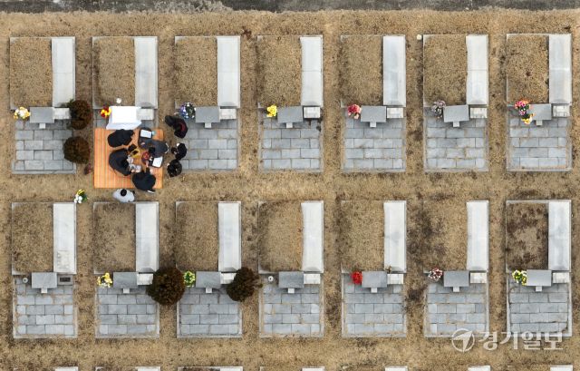 설 연휴를 앞둔 19일 인천 부평구 인천가족공원을 찾은 성묘객들이 성묘를 하고 있다.조병석기자