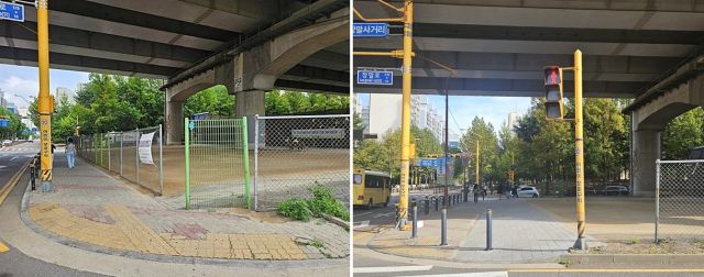 수도권제1순환고속도로 하부 공간 정비 전(왼쪽)과 후(오른쪽). 부천시 제공