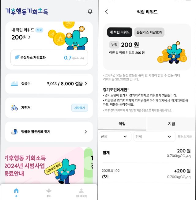 2일 ‘기후행동 기회소득’ 시범사업이 종료됐음에도 리워드가 적립되고 있는 모습. 쌓인 포인트는 사용할 수 없으며 3일이 되면 소멸한다. 독자 제공