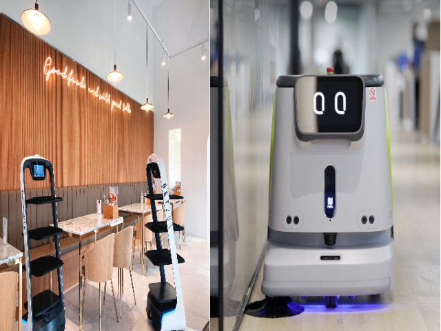 왼쪽부터 브이디컴퍼니 PuduBot 스탠다드 서빙로봇, 청소로봇 클리버. 브이디컴퍼니