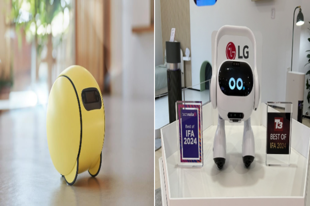 왼쪽부터 삼성전자 대화형 AI 로봇 ‘볼리’, LG전자 ‘이동형 AI홈 허브’. 삼성전자·LG전자