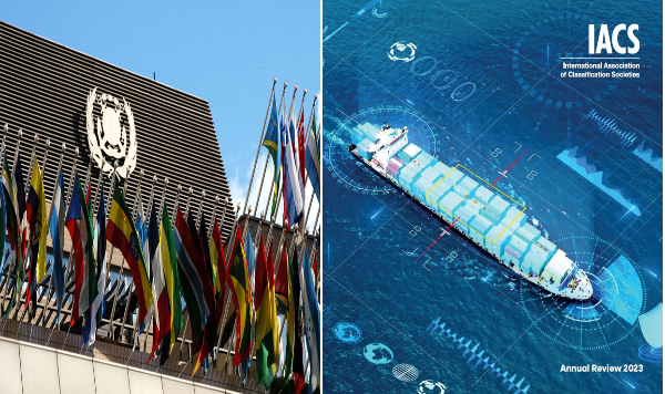 왼쪽부터 국제해사기구 로고와 회원국들의 국기, IACS 2023년 연간 리뷰. IMO·IACS