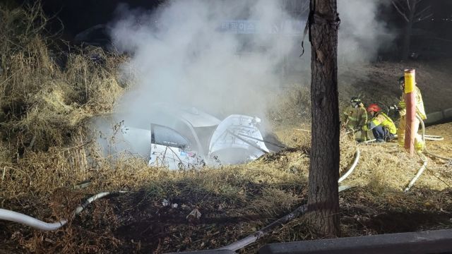 24일 새벽 고양시 일산서구 대화동의 한 도로에서 아이오닉5 전기차 택시가 다리 아래로 추락한 후 화재가 발생해 소방당국이 진화작업을 펼치고 있다. 경기북부소방재난본부 제공