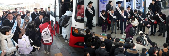 (좌)더불어민주당 이재명 대표, 박찬대 원내대표 등이 24일 오전 서울 서초구 고속버스터미널에서 설 귀성 인사를 하고 있다. (우)국민의힘 권영세 비상대책위원장, 권성동 원내대표 등이 24일 오전 서울역에서 설 귀성 인사를 하고 있다. 연합뉴스 제공