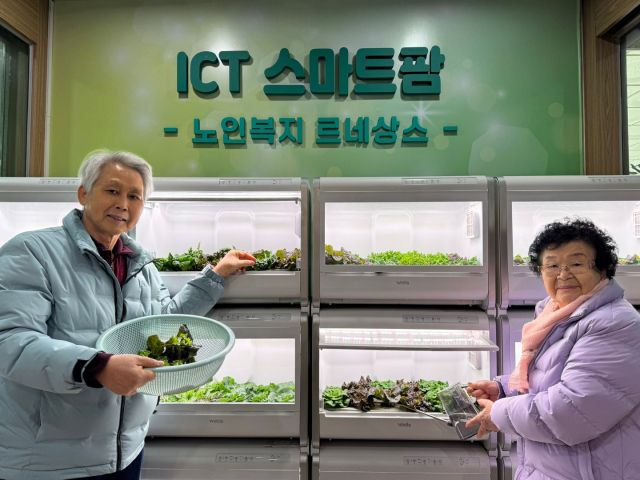 용인 지역 어르신들이 용인시처인노인복지관의 ICT스마트팜을 통해 기른 상추 등 작물을 수확한 뒤 기념촬영을 하고 있다. 용인시처인노인복지관 제공