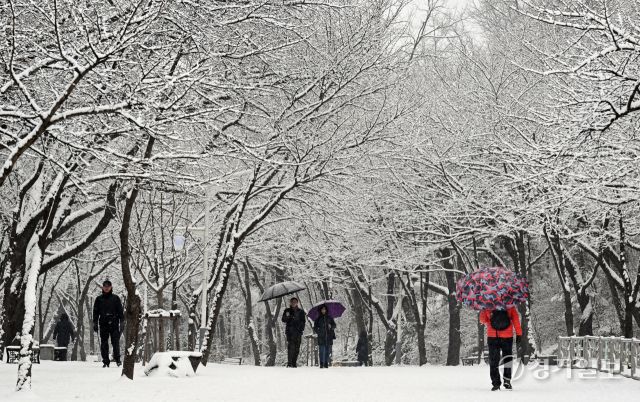 대설주의보가 내려진 5일 인천시대공원을 찾은 시민들이 설경을 즐기고 있다. 조병석기자