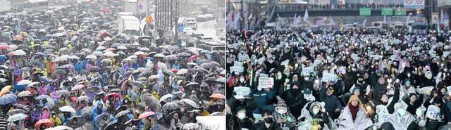 고위공직자범죄수사처의 윤석열 대통령에 대한 체포영장 유효기간 만료를 하루 앞둔 지난 5일 서울 한남동 대통령관저 인근에서 보수 성향(왼쪽)과 진보 성향 시민들이 각자 물품을 들고 윤 대통령 탄핵 반대 및 체포 촉구 집회에 참여한 모습. 경기일보DB