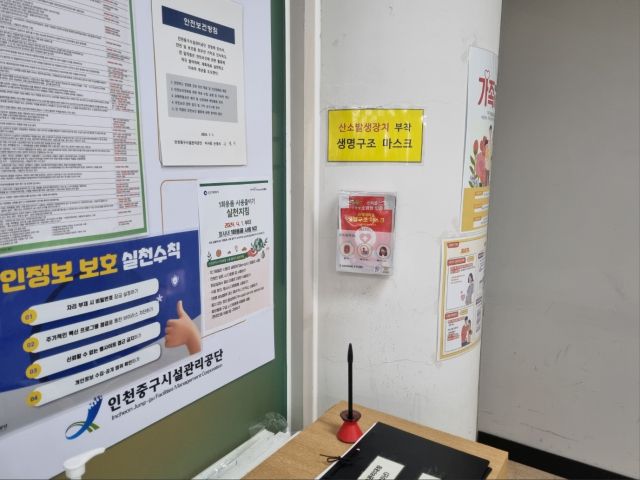 인천중구시설관리공단이 산소 발생 기능을 내장한 ‘방연마스크’를 비치한 모습. 인천 중구청 제공