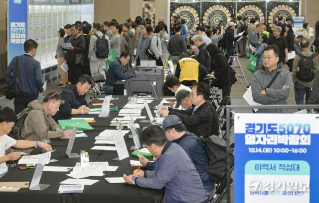 14일 고양특례시 킨텍스에서 열린 ‘경기도 5070 일자리 박람회’에서 중장년층 구직자들이 기업 부스를 찾아 이력서를 제출하고 면접을 보는 등 구직 활동을 하고 있다. 이번 박람회에는 채용기업 100여 곳과 유관기관 40곳이 참여해 현장 채용과 취업 상담을 진행했다. 경기도는 50~70대 중장년층을 대상으로 기업과 직접 연결하는 맞춤형 일자리 매칭을 통해 재취업 기회를 확대하기 위해 이번 행사를 마련했다.조주현기자