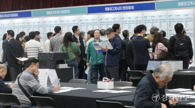 14일 고양특례시 킨텍스에서 열린 ‘경기도 5070 일자리 박람회’에서 중장년층 구직자들이 기업 부스를 찾아 이력서를 제출하고 면접을 보는 등 구직 활동을 하고 있다. 이번 박람회에는 채용기업 100여 곳과 유관기관 40곳이 참여해 현장 채용과 취업 상담을 진행했다. 경기도는 50~70대 중장년층을 대상으로 기업과 직접 연결하는 맞춤형 일자리 매칭을 통해 재취업 기회를 확대하기 위해 이번 행사를 마련했다.조주현기자