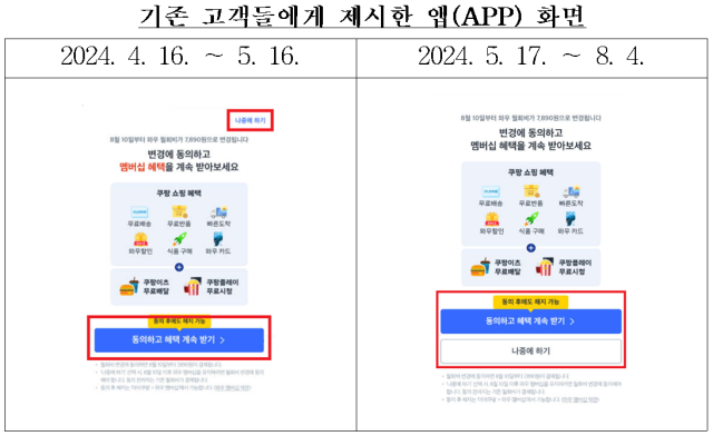쿠팡이 앱 초기 화면 팝업창에서 ‘나중에 하기’ 버튼을 상대적으로 축소한 화면. 공정거래위원회 제공
