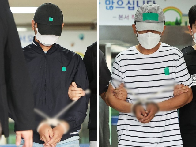 지난달 25일 KT 무단 소액결제 사건 피의자 A씨(왼쪽)와 B씨가 25일 경기도 수원시 영통구 수원영통경찰서 유치장에서 검찰로 송치되고 있다. 연합뉴스