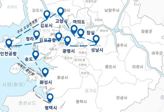 K-UAM을 이용한 서울·경기·인천 ‘수도권 하늘길 프로젝트’ 지도. 국토부 제공