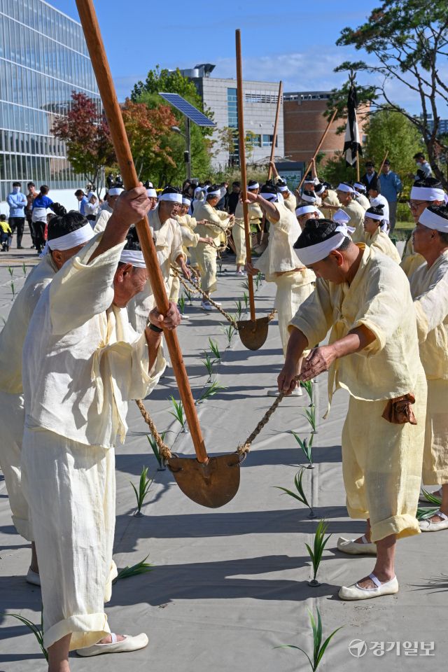 22일 오전 수원특례시 국립농업박물관(관장 오경태)에서 열린 '벼베기 체험 행사'에서 홍성결성농요보존회가 지역 무형유산인 결성농요 공연을 선보이고 있다. 김시범기자