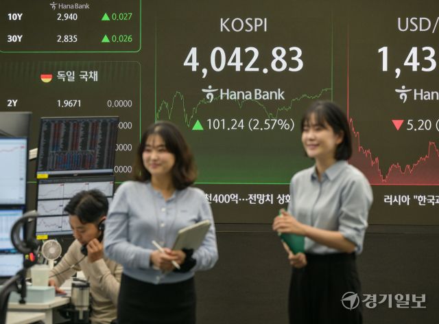 코스피가 사상 처음 4000선을 돌파해 4042.83으로 마감한 27일 서울 중구 하나은행 본점 딜링룸에 각종 주가 지수들이 표시돼 있다. 윤원규기자