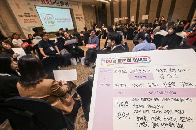 27일 화성특례시 푸르미르호텔에서 열린 ‘중장년 남성 자살예방 100인 토론회’에서 보건·복지 실무자들이 ‘중장년 남성 자살예방을 위한 우리의 대안은 무엇인가?’를 주제로 의견을 나누고 있다.조주현기자