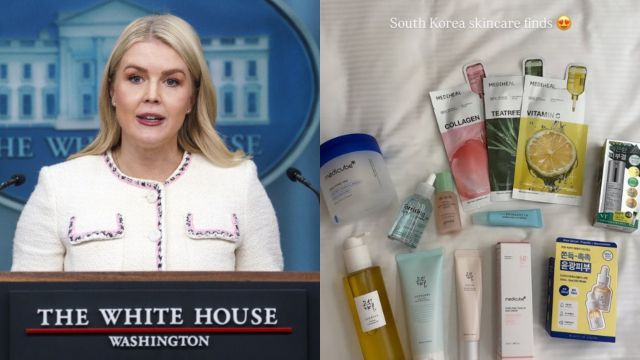 캐롤라인 레빗 백악관 대변인의 모습과 그가 자신의 사회관계망서비스(SNS)에 업로드한 한국 화장품 구매 인증 사진. 연합뉴스 및 캐롤라인 레빗 대변인 인스타그램 갈무리