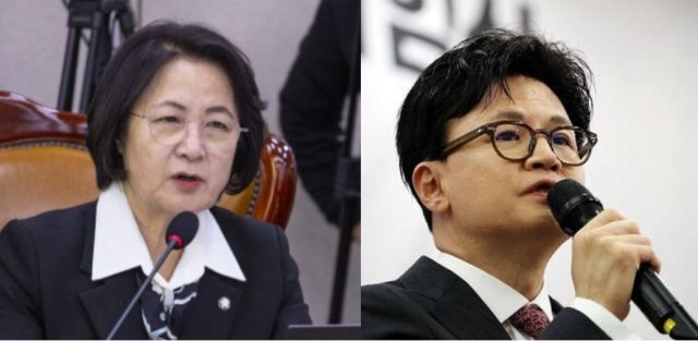 (좌)추미애 국회 법제사법위원회 위원장과 (우)한동훈 전 국민의힘 대표. 연합뉴스