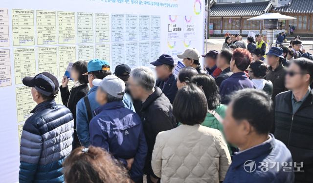 수원특례시 화성행궁 광장에서 열린 '제18회 노인일자리 채용 한마당'에서 구직자들이 구인게시판을 살펴보고 있다. 이번 박람회는 60세 이상 어르신을 대상으로 16개 이상 업체가 총 50명을 채용했다. 홍기웅기자
