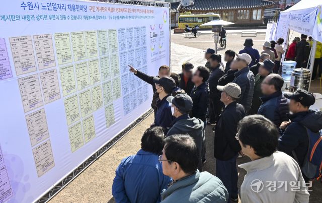 수원특례시 화성행궁 광장에서 열린 '제18회 노인일자리 채용 한마당'에서 구직자들이 구인게시판을 살펴보고 있다. 이번 박람회는 60세 이상 어르신을 대상으로 16개 이상 업체가 총 50명을 채용했다. 홍기웅기자