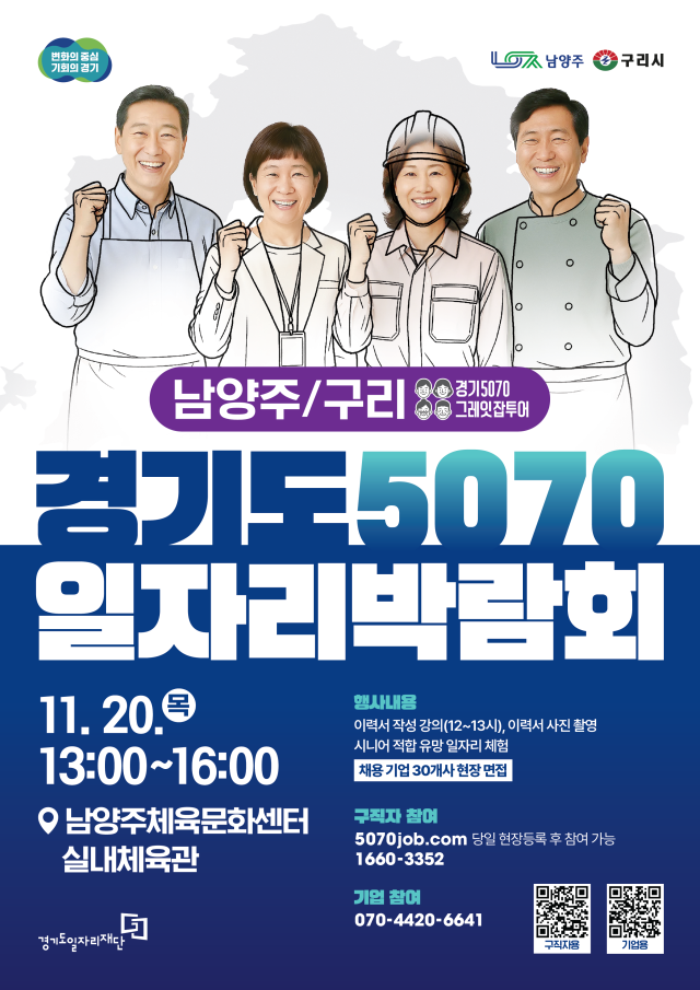 경기도와 경기도일자리재단이 20일 남양주체육문화센터에서 ‘경기도 5070 일자리박람회 in 남양주+구리’를 개최한다. 경기도 제공
