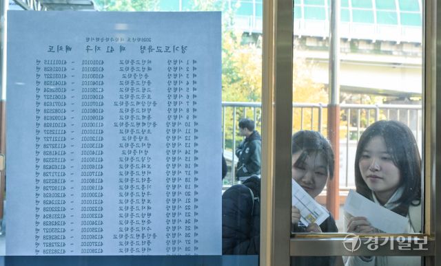 2026학년도 대학수학능력시험을 하루 앞둔 12일 오전 용인특례시 한 고등학교에서 수험생들이 본인들의 수험장을 확인하고 있다. 윤원규기자