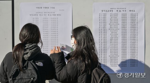 2026학년도 대학수학능력시험을 하루 앞둔 12일 오전 용인특례시 수지구 죽전고등학교에서 수험생들이 본인들의 수험장을 확인하고 있다. 윤원규기자