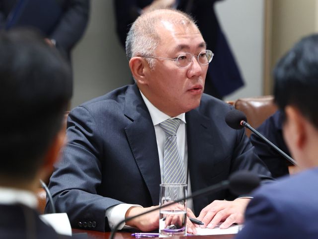 16일 정의선 현대자동차 그룹 회장이 용산 대통령실에서 열린 한미 관세협상 후속 민관 합동회의에서 발언하는 모습. 연합뉴스