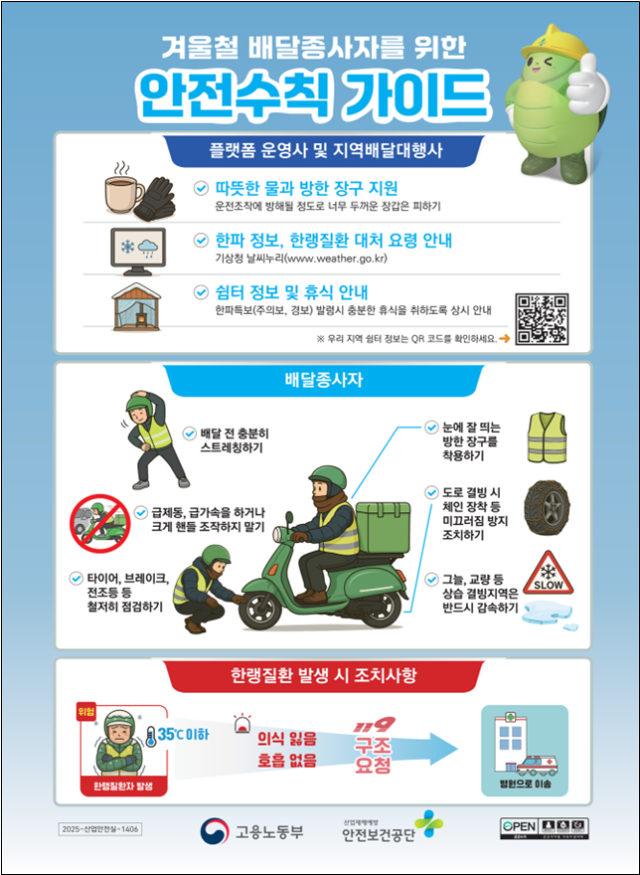 겨울철 배달종사자를 위한 안전 수칙 가이드. 노동부 제공