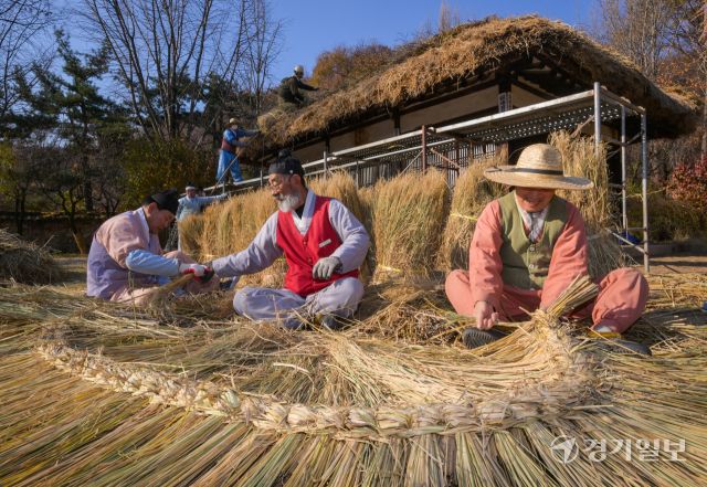 절기상 소설을 사흘 앞둔 19일 오후 용인특례시 한국민속촌에서 직원들이 초가지붕에 올릴 용마름과 이엉을 얹고 있다. 윤원규기자