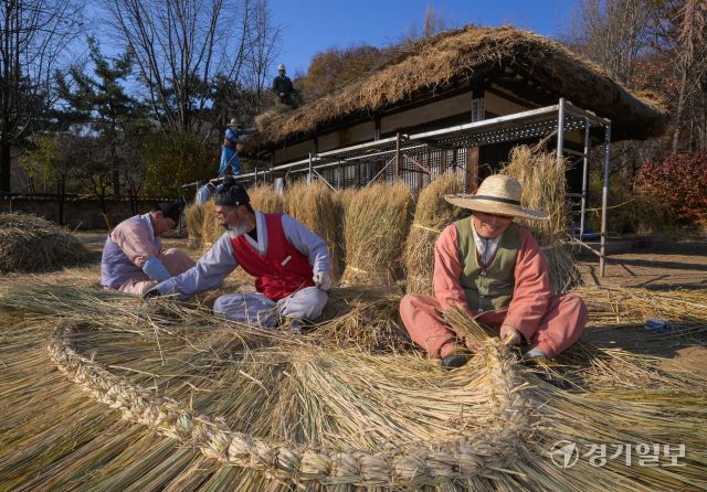 절기상 소설을 사흘 앞둔 19일 오후 용인특례시 한국민속촌에서 직원들이 초가지붕에 올릴 용마름과 이엉을 얹고 있다. 윤원규기자
