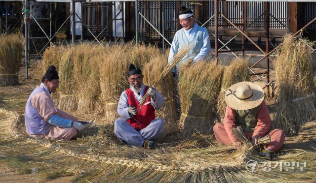절기상 소설을 사흘 앞둔 19일 오후 용인특례시 한국민속촌에서 직원들이 초가지붕에 올릴 용마름과 이엉을 얹고 있다. 윤원규기자