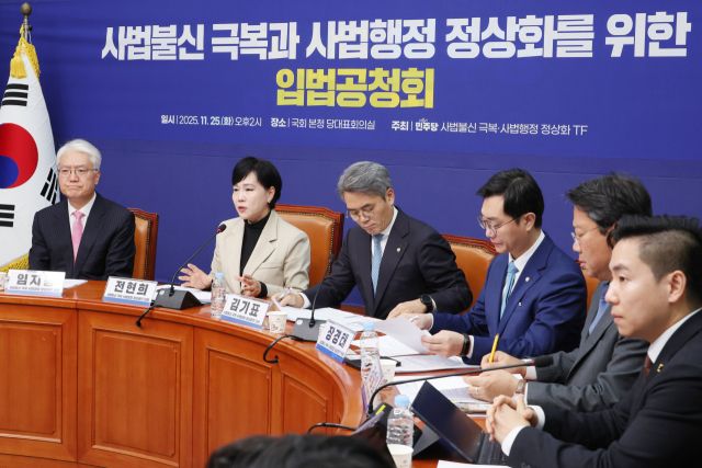 25일 서울 여의도 국회에서 열린 더불어민주당 '사법불신 극복·사법행정 정상화' 태스크포스(TF) 공청회에서 전현희 TF 단장이 발언하고 있다. 연합뉴스