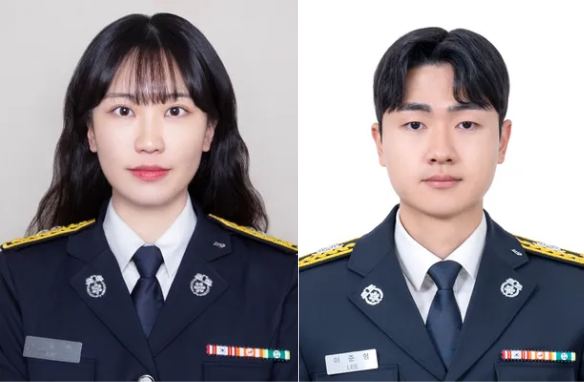 23일 평택시 용이동 상가 화재 현장에서 비번 중 신속한 초기 대응으로 큰 피해를 막은 김영현 평택소방서 소방관(왼쪽)과 이준형 용인소방서 소방관(오른쪽). 평택소방서 제공