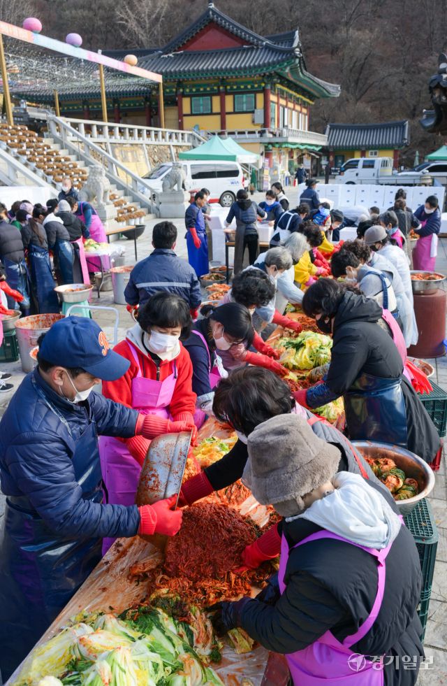 26일 오전 의왕시 대한불교조계종 청계사에서 신도들이 김장을 담구고 있다. 이날 담궈진 4천여 포기의 배추는 어려운 이웃들에게 나눠질 예정이다. 윤원규기자