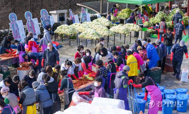 26일 오전 의왕시 대한불교조계종 청계사에서 신도들이 김장을 담구고 있다. 이날 담궈진 4천여 포기의 배추는 어려운 이웃들에게 나눠질 예정이다. 윤원규기자