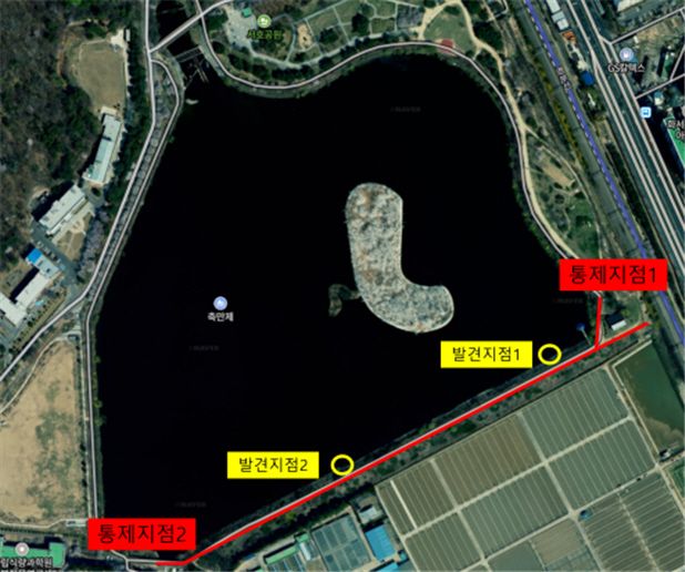 고병원성 조류인플루엔자(AI) 바이러스에 감염된 큰기러기 시체 발견 지점. 수원시 제공