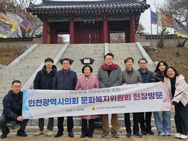 인천시의회 문화복지위원회가 국가지정문화유산인 강화 고려궁지를 점검하고 기념촬영을 하고 있다. 인천시의회 제공