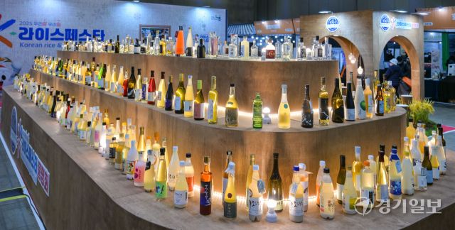 28일 오전 고양특례시 킨텍스 1전시장 3홀에서 열린 '2025 우리쌀·우리술 K-라이스페스타' 품평회에 출품된 술들.