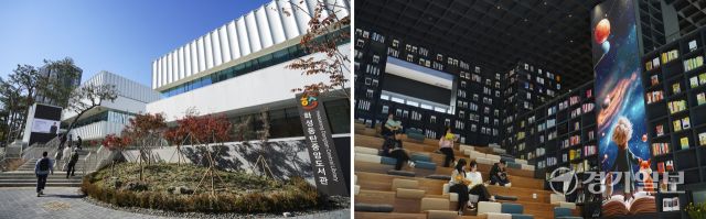 화성특례시 일대 최대 규모 공공 도서관인 화성동탄중앙도서관이 3일 정식 개관 했다. 복합문화공간을 지향하는 화성동탄중앙도서관은 실시간 스트리밍 서비스, 실감형 디지털 북 등 첨단 기술을 도입하고 25만권 이상의 장서를 갖췄다. 사진은 화성동탄중앙도서관 외관 모습과 미디어 아트월을 이용한 공간인 ‘지식의 숲’의 모습. 홍기웅기자