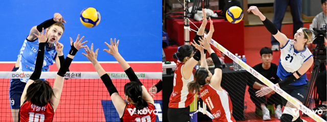 4일 수원 현대건설과 화성 IBK기업은행이 맞대결을 펼치는 가운데, IBK기업은행의 외국인 공격수 빅토리아(왼쪽)와 현대건설의 카리의 활약이 승패를 좌우할 것으로 전망된다. KOVO 제공