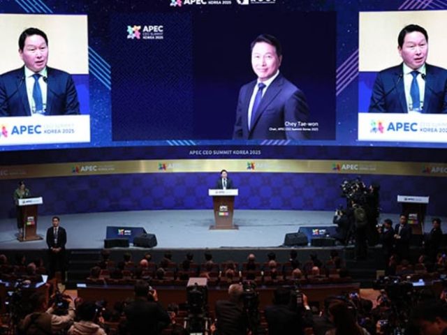 ▲2025 APEC CEO 서밋 개막사하는 최태원 대한상공회의소 회장. 대한상공회의소 제공