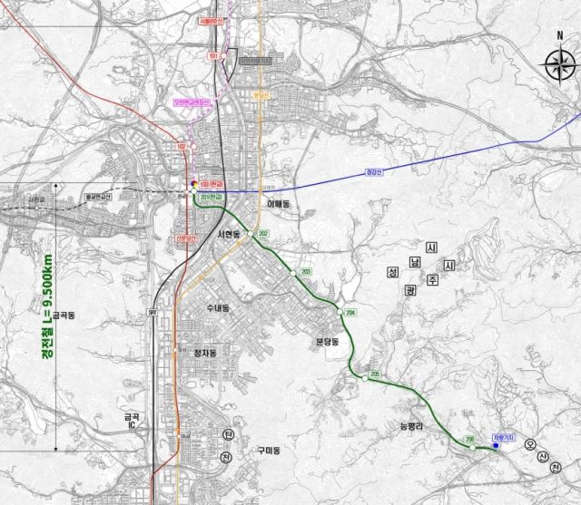 '판교~오포(신현·능평) 도시철도' 노선도(광주시제공)