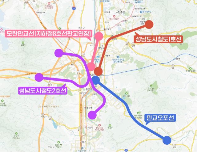 경기도 도시철도망 구축계획에 반영된 성남지역 철도 노선. 성남시 제