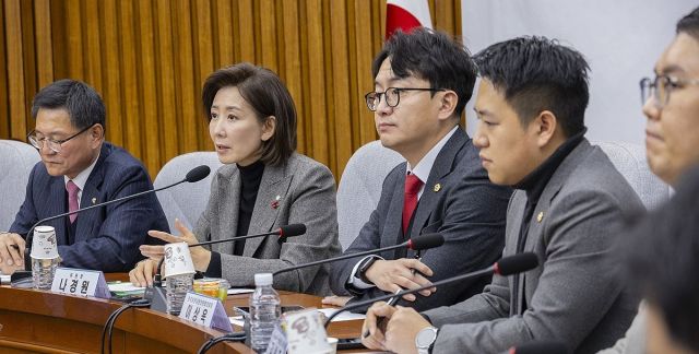 국민의힘 지방선거총괄기획단 위원장인 나경원 의원이 15일 국회에서 열린 지방선거총괄기획단-전국청년지방의원협의회 연석회의에서 오는 2026년 지방선거에서 청년 우대 정책 구상이 담긴 인사말을 하고 있다. 연합뉴스