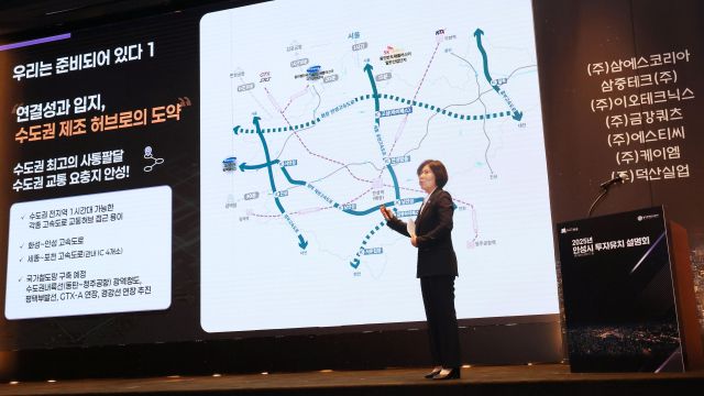 최근 안성시청 회의실에서 열린 ‘2025년 투자 유치 설명회’에서 김보라 시장이 기업들을 대상으로 브리핑하고 있다. 안성시 제공