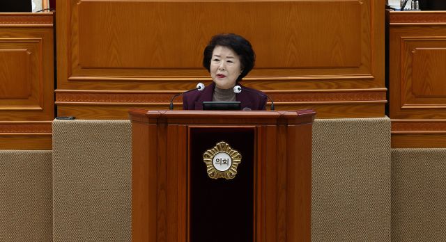 국민의힘 소속 김보영 안양시의원이 19일 5분 자유발언을 하고 있다. 안양시의회 제공